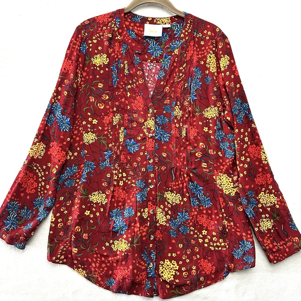 Maeve‎ Anthropologie Printed Pintucked Blouse L Large Red Floral Roll Tab Sleeve